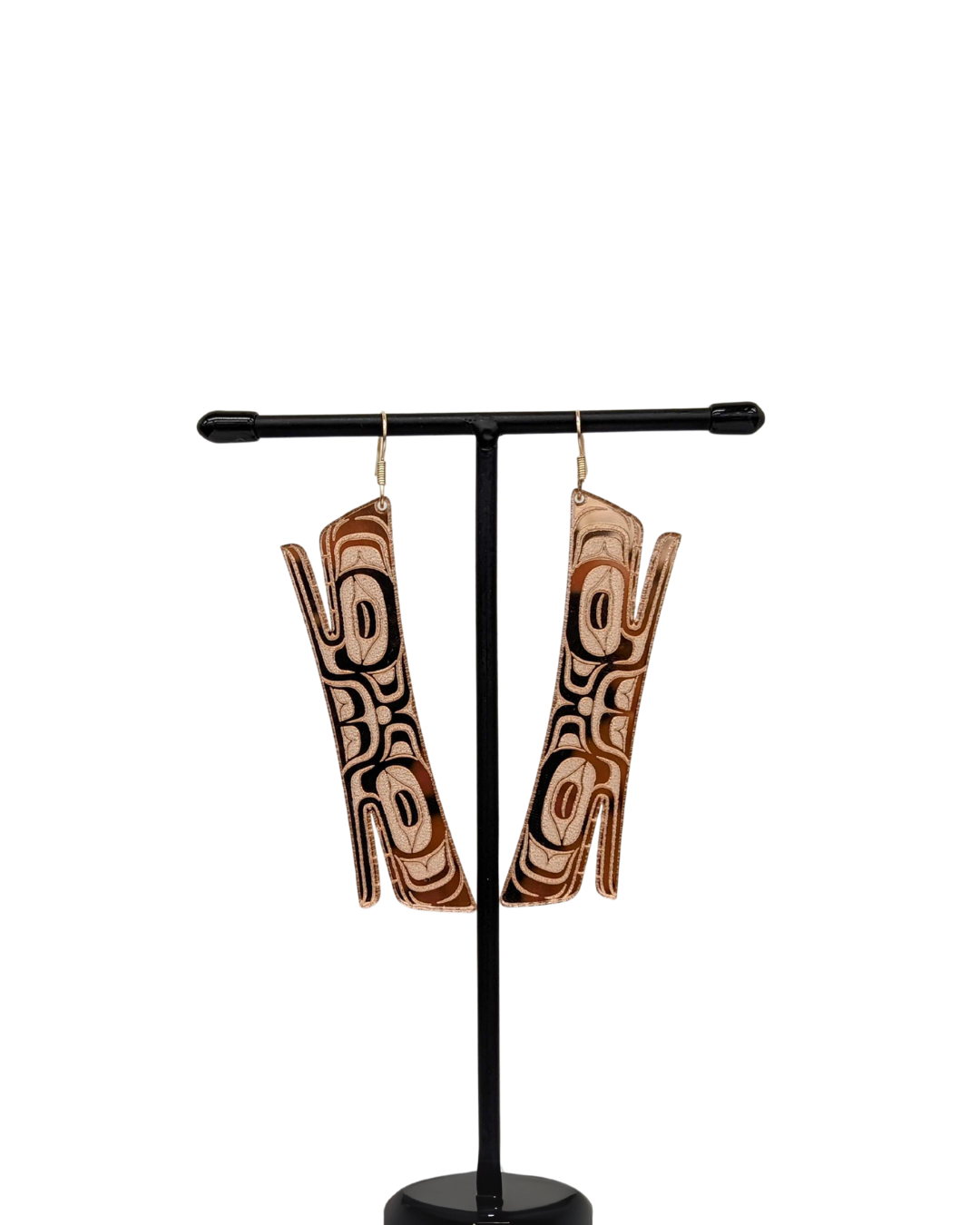 Close up up of soul catcher earrings by indigenous artist acrylic 4