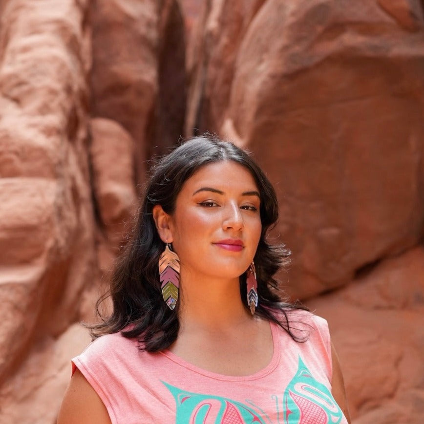 Close up up tiered feather earrings by indigenous artist acrylic 3