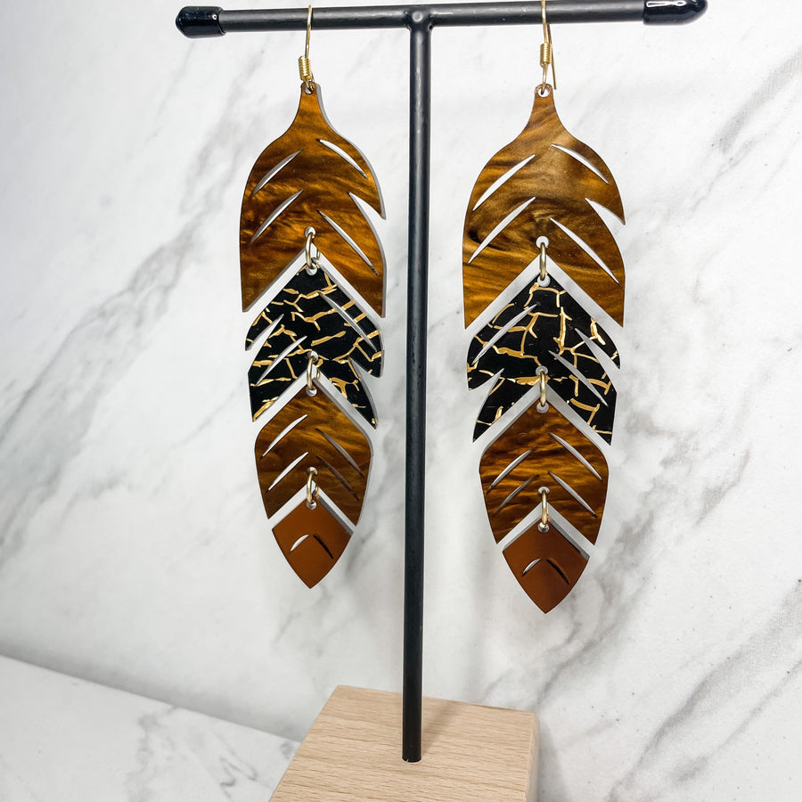 Close up up tiered feather earrings by indigenous artist acrylic 4