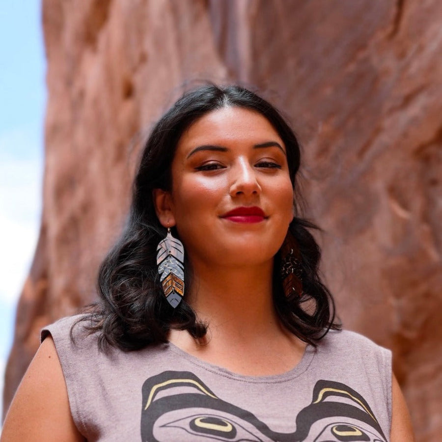 Close up up tiered feather earrings by indigenous artist acrylic 5