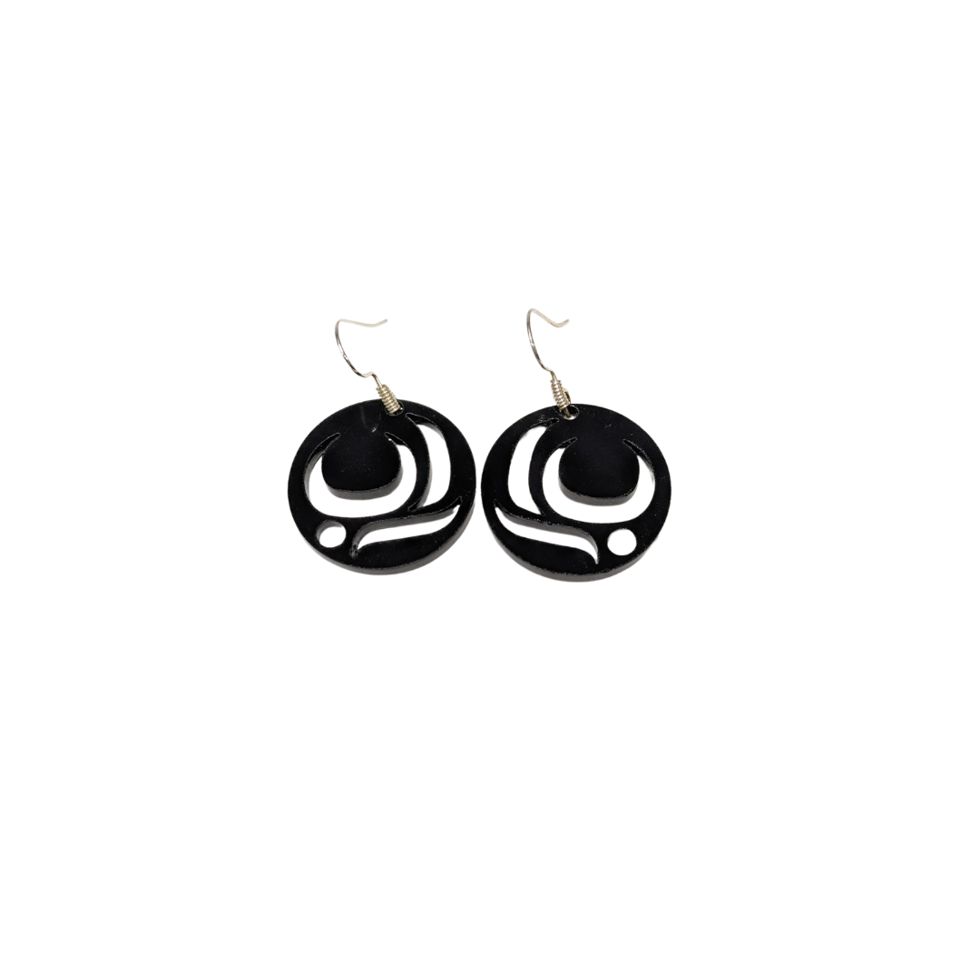 Close up of salmon trout head earrings by indigenous artist acrylic 5