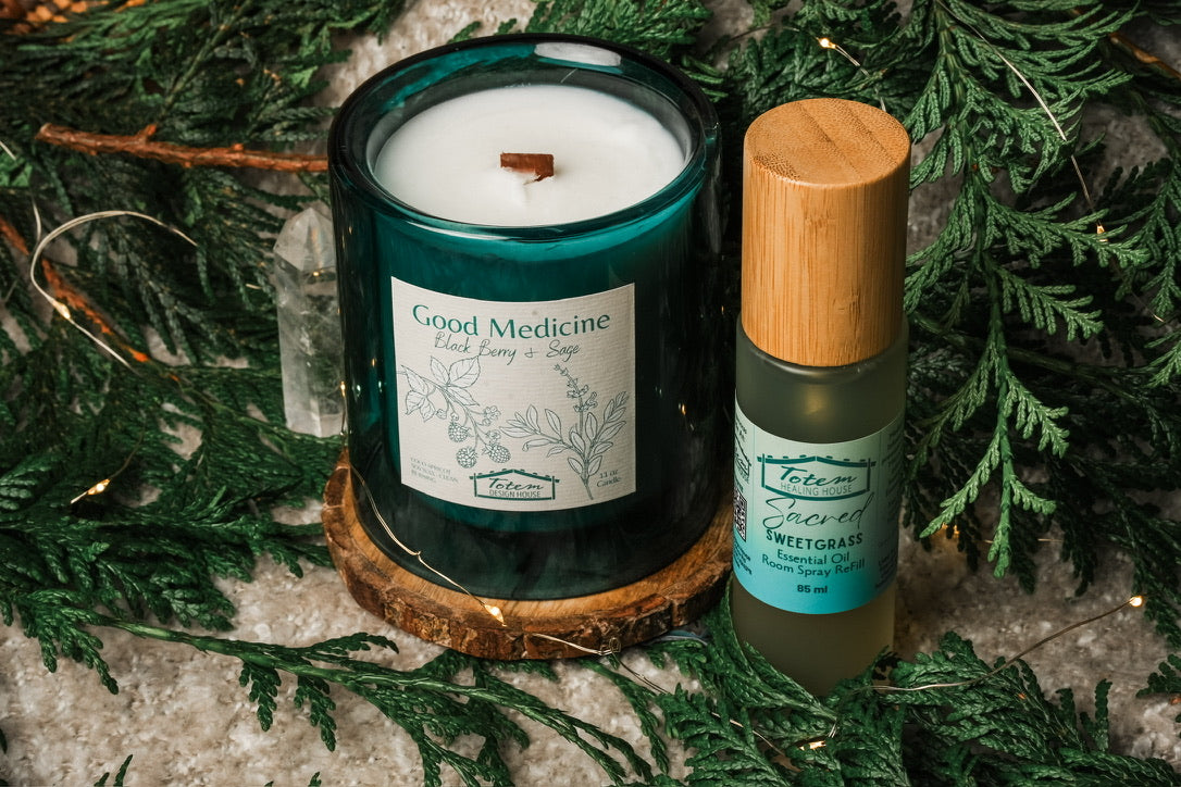 New Home Blessing: Good Medicine Luxe Luminaries candle, Sacred Sweetgrass smoke-free spray and a crystal tower