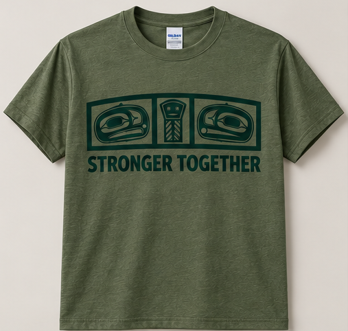 Cactus green Gildan 64000CVC tee with the dowry board design and Stronger Together printed in dark green ink