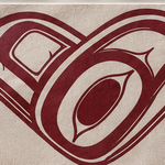 Close-up of the maroon formline heart print on Sand cotton