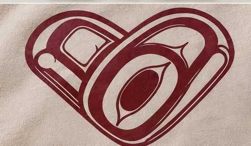 Close-up of the maroon formline heart print on Sand cotton