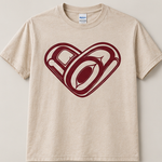 Sand Gildan 64000 tee with the formline heart design printed in maroon ink