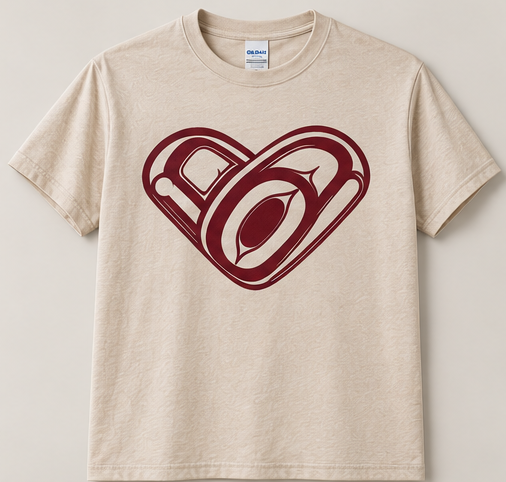 Sand Gildan 64000 tee with the formline heart design printed in maroon ink