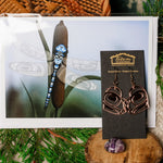 The Love Set: Heart Acrylic Earrings in Rose Gold Mirror, an amethyst heart crystal and an art card