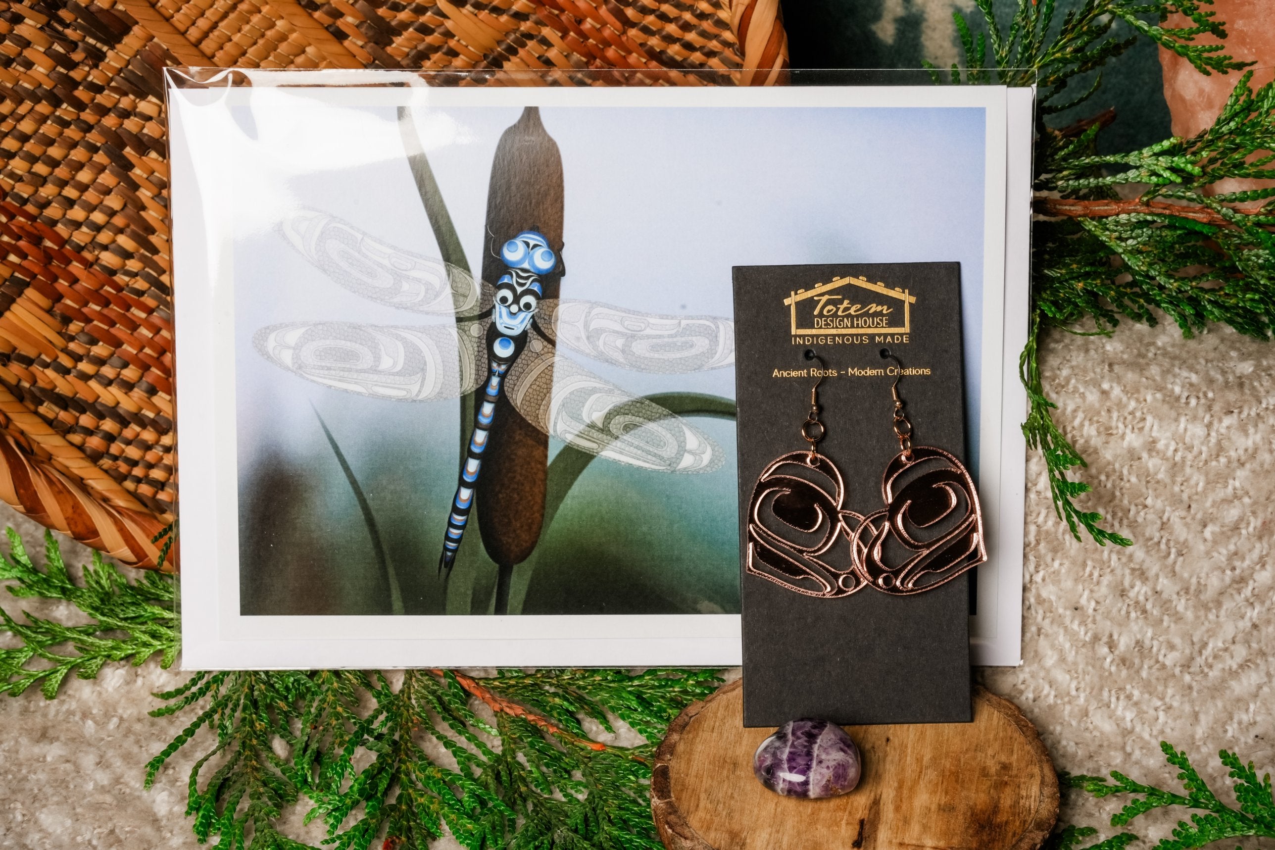 The Love Set: Heart Acrylic Earrings in Rose Gold Mirror, an amethyst heart crystal and an art card